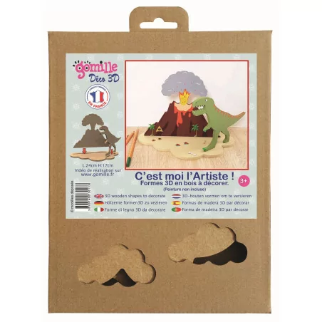 SUPPORTS A DECORER : Kit Déco en bois 3D 'Gomille' Tyrex et volcan 24 cm x 17 cm