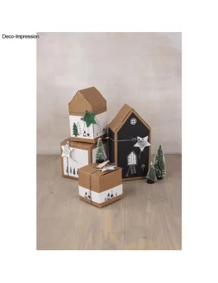 SUPPORTS A DECORER : Lot de 3 boîtes à monter 'Rayher' Maison Kraft 20x10x7.5 cm