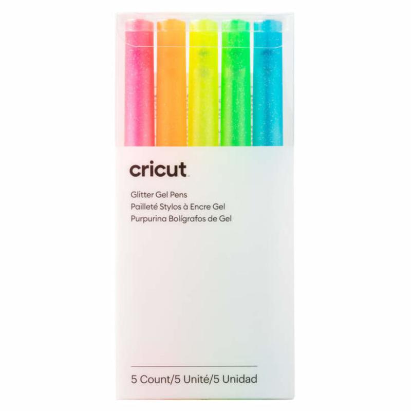 CRICUT : Lot de 5 stylos gel paillettes 'Cricut' Rose fluo/Orange fluo/Jaune vif/Vert fluo/Bleu fluo 0.8 mm