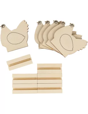 SUPPORTS A DECORER : Lot de 6 marque-places en bois 'Artemio - Saute-Mouton' Poules