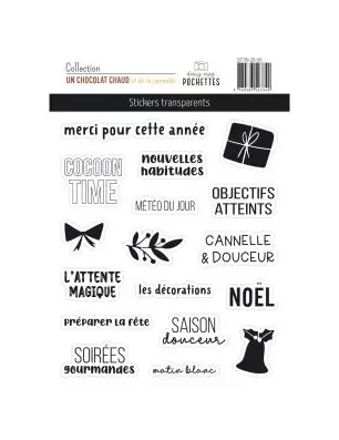 EMBELLISSEMENTS : Autocollants transparents 'Dans mes pochettes - Un chocolat chaud et de la cannelle'
